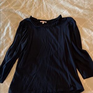 Sundry Navy Long Sleeve Ruffle Neck Top